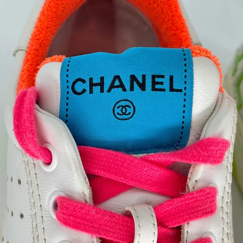 Chanel Calfskin Logo Low Top Sneakers White Neon Women Size 39 Leather Colorful